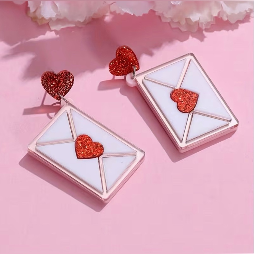 Love Letter Heart Envelope Drop Earrings Modern Valentines Day - Picture 3 of 7